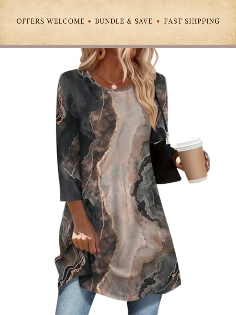 Women's 3/4 Sleeve Tunic Top Loose Fit Dressy Casual Blouse
